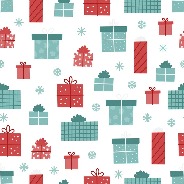 クリスマスと新年とのシームレスなパターンは白い背景に提示します 漫画のギフトボックス 面白い漫画スタイル ベクトル幼稚な背景 — ストックベクタ