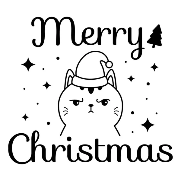 Lustige Cartoon Katze Mit Weihnachtsmannmütze Schwarz Weißes Malbuch Handgezeichnetes Kritzeltier — Stockvektor