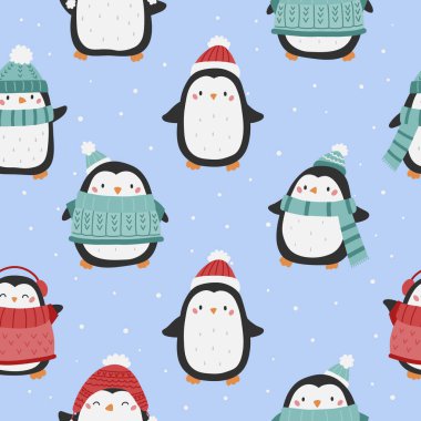 Kışın giydiği sevimli penguenlerle kusursuz bir desen. El yapımı şapkalar, atkılar ve kazaklar. Mavi arka planda çizgi film kawaii penguenleri. Noel vektör illüstrasyonu.