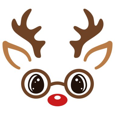 Gözlüklü Noel geyiği suratı. Beyaz arka planda sevimli kawaii geyiği. Düz stil çizgi film hayvanı. Vektör illüstrasyonu.