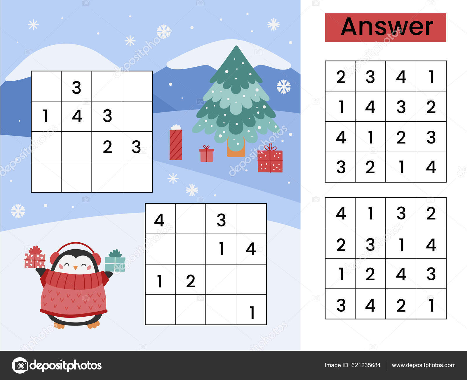 Jogo ou quebra-cabeça de natal de inverno sudoku para crianças