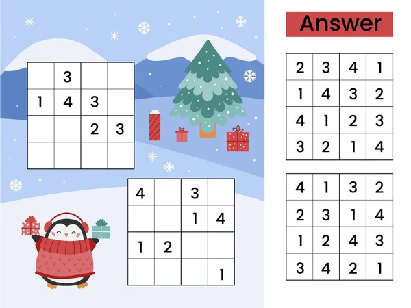Sudoku Jeu Avec Pingouin Mignon Puzzle Imprimable Noël Feuille Travail — Image vectorielle