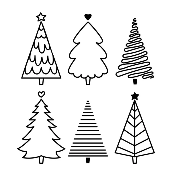 手描きのドアのクリスマスツリーのセット 休日の着色ページ 黒と白のクリスマスツリー 線画ベクトルイラスト — ストックベクタ