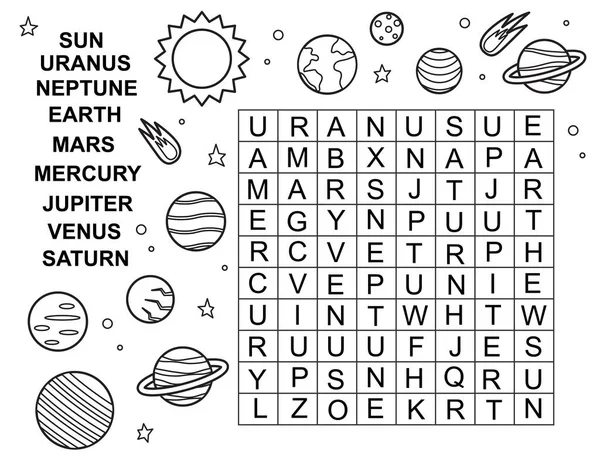 Uzay Kelime Araması Masada Kelimeler Bul Eğitici Bulmaca Oyunu Yazdırılabilir — Stok Vektör