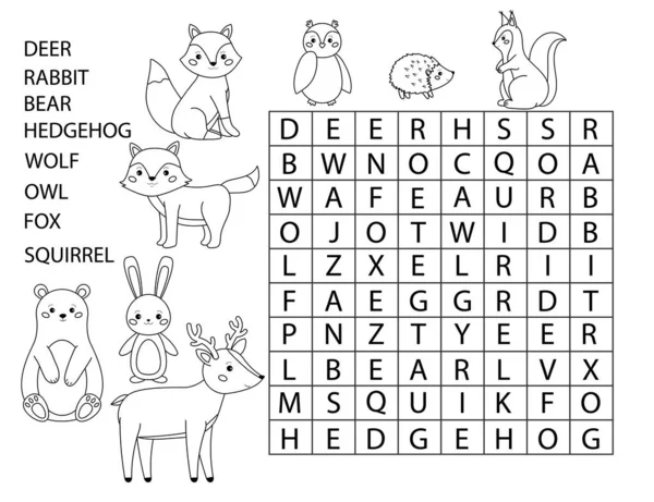 검색으로 페이지 동물들 귀여운 캐릭터 아이들을 수있는 십자말풀이 영어를 십시오 — 스톡 벡터