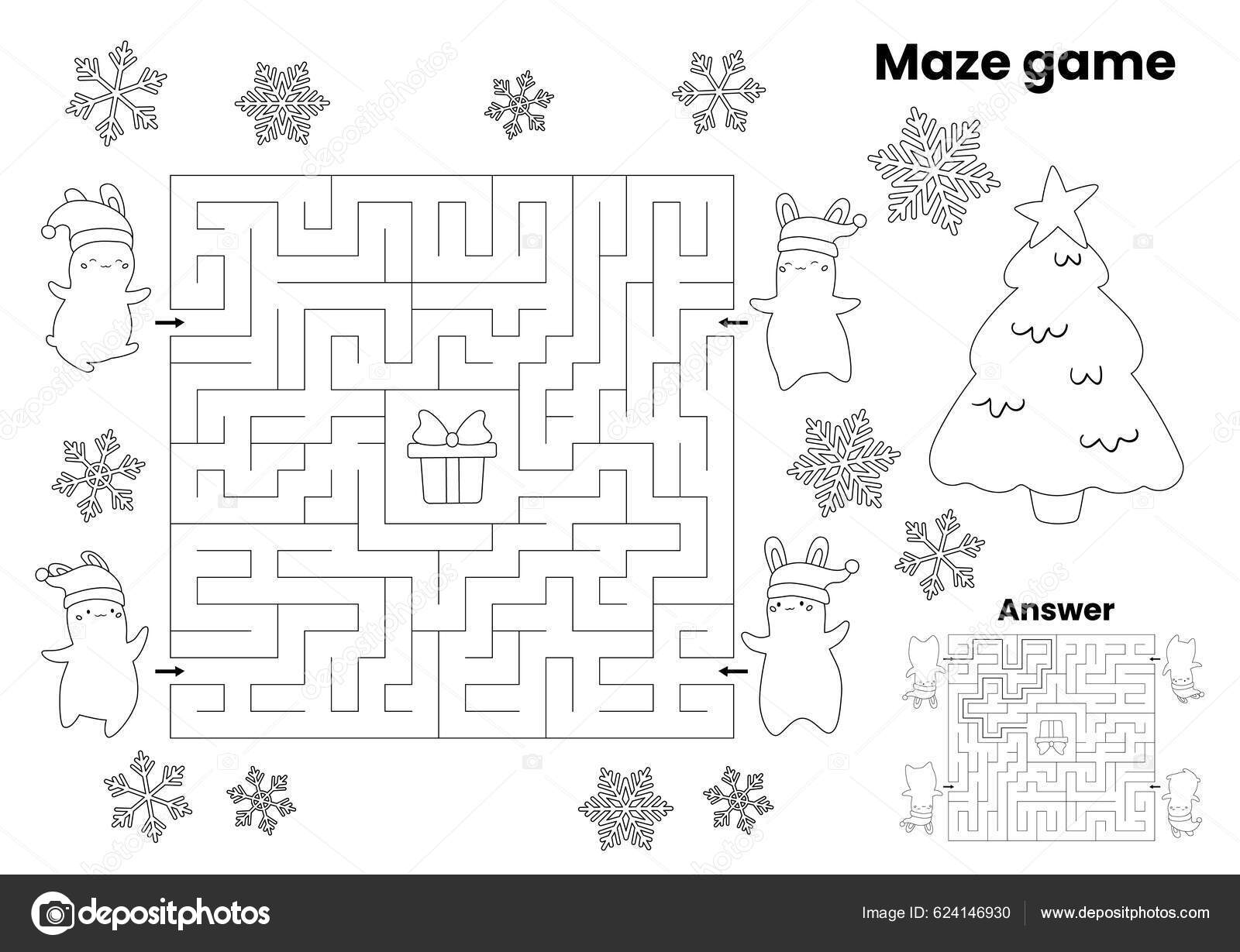 圣诞节迷宫游戏的答案彩色页面新年的象征帮助兔子找到展示的方法孩子们的教育难题可打印活动工作表矢量说明图库矢量图©kristina0702  624146930, image size:1600x1229