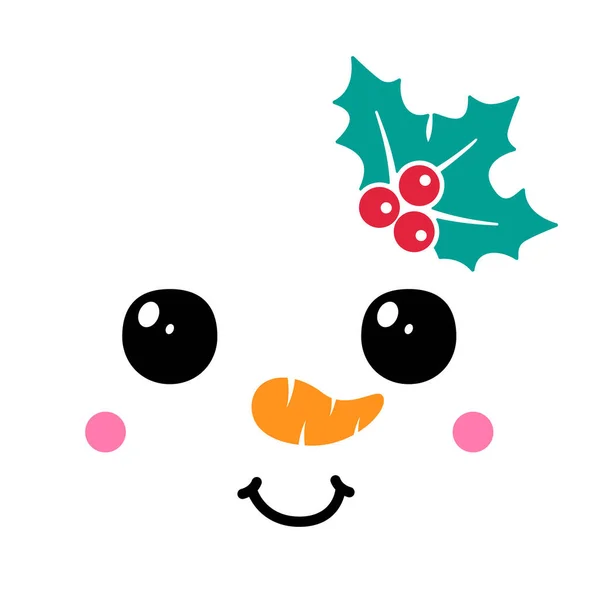 Cute Cartoon Snowman Face Christmas Holly Plant Snowman Head White — Stock Vector