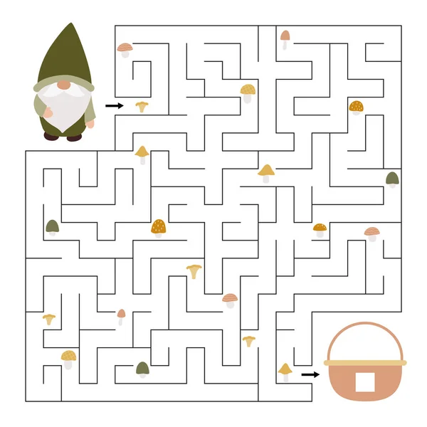 儿童迷宫游戏 帮助侏儒找到正确的方法到他的篮子 他发现了多少蘑菇 学习计数 矢量卡通人物 教育工作单 矢量说明 — 图库矢量图片