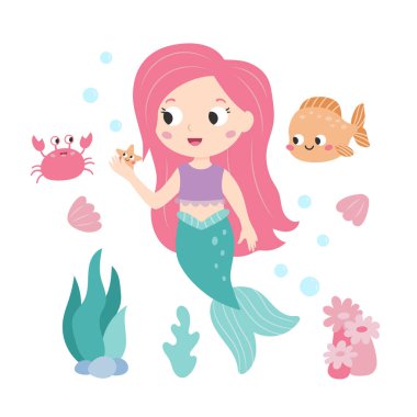 Little mermaid with cute crab and fish on white background. Fairy tale. Cartoon childrens style. Mermaid with pink hair. Flat vector illustration.
