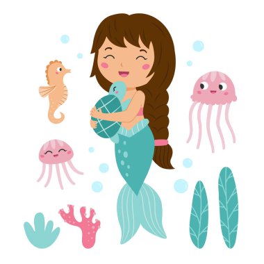 Little mermaid hug turtle. Funny seahorse and jellyfish. Fairy tale. Friendship. Hand drawn seaweeds and corals. Underwater life. Cartoon childrens style. Flat vector illustration.