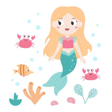 Cute mermaid with crabs and fish. Cartoon childrens style. Fairy tale. Flat vector illustration. Vector illustration.