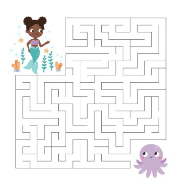 Denizkızı ve ahtapotla labirent oyunu. Tatlı peri masalı karakterleri. Çocuklar için etkinlik sayfası. Yazdırılabilir labirent. Eğitici bulmaca. Vektör illüstrasyonu.