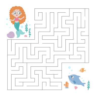 Çocuklar için labirent oyunu. Deniz kızının yunusa doğru yolu bulmasına yardım et. Çocuk çalışma kitabı için eğitici bulmaca. Yazdırılabilir labirent. Vektör illüstrasyonu.