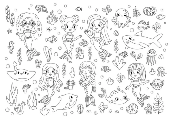 Kleurplaten Met Zeemeerminnen Zee Zeedieren Onderwaterplanten Sprookjesfiguren Kleurboek Voor Kinderen — Stockvector
