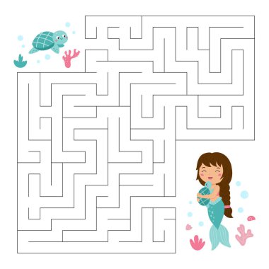 Maze game with mermaid and turtles. Printable educational labyrinth. Activity page. Children workbook. Cute cartoon fairy tale characters. Vector illustration.