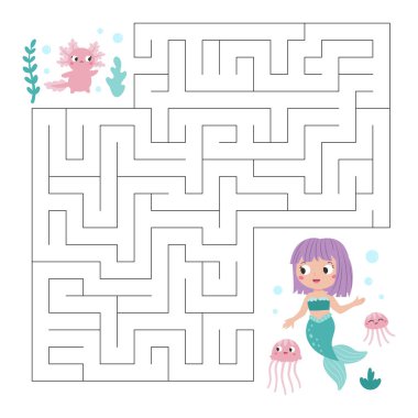 Maze game for kids. Help the axolotl find right way to mermaid. Cute cartoon fairy tale characters. Educational puzzle. Printable activity page for children workbook. Vector illustration.