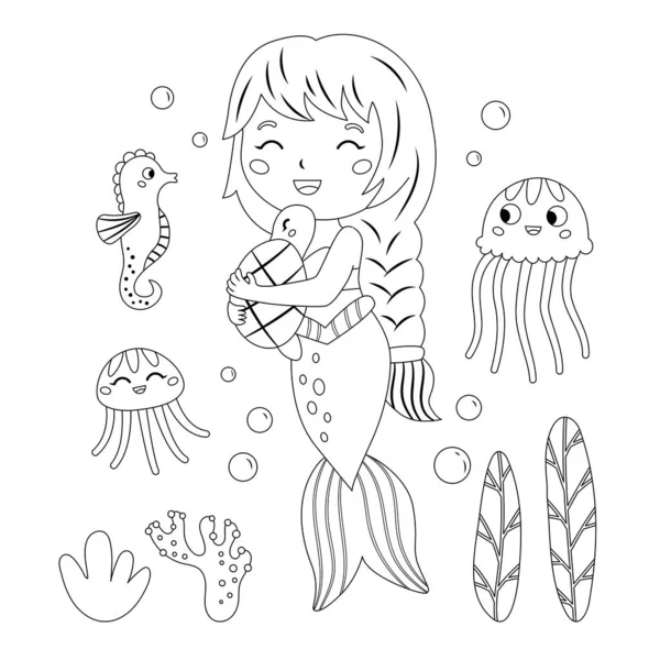 Coloring Page Little Mermaid Hugs Turtle Cute Jellyfish Seahorse Fairy — Stockvector