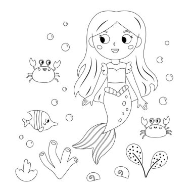 Coloring page with cute mermaid, crabs and fish. Kawaii cartoon style. Black and white vector illustration.
