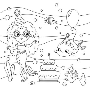 Birthday coloring page with mermaid and fish. Underwater. Cute cartoon characters. Fairy tale. Black and white vector illustration. clipart