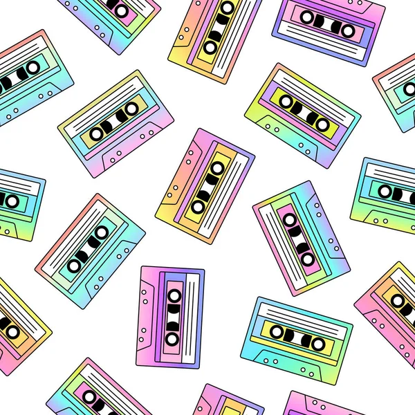 Retro Seamless Pattern Vintage Cassette Tapes White Background Pastel Gradients — Stockvektor
