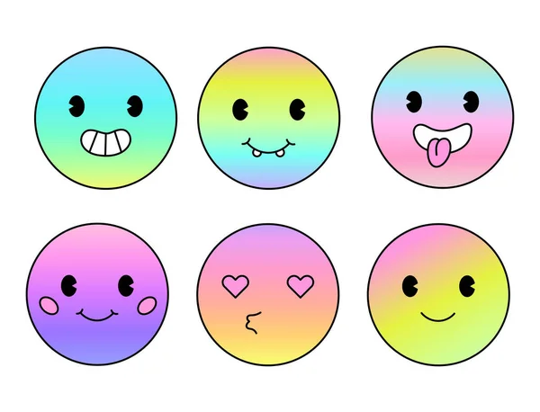 Trendy smile happy stickers with different emotions. Paste gradient colors. Retro cartoon characters. Vector illustration.