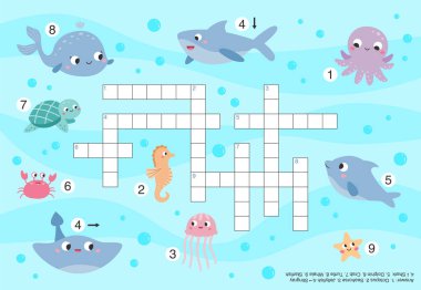 Sea animals crossword. Educational puzzle game for children. Cute cartoon characters. Printable worksheet for preschool kids. Vector illustration.