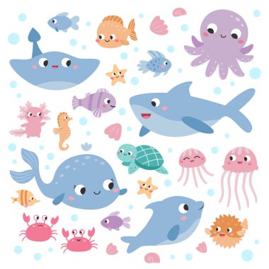 Sea animals set. Flat cartoon characters. Cute ocean fish, shark, octopus, turtle, jellyfish, dolphin, crab, starfish, seahorse and stingray. Underwater wildlife. Vector illustration.