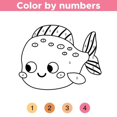 Rakamlara göre boyama. Şirin kawaii balığı. Deniz hayvanı. Anaokulu çocukları için boyama kitabı. Sualtı teması. Eğitici bir oyun. Vektör illüstrasyonu.