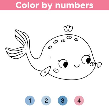 Rakamlara göre boyama. Şirin kawaii balinası. Deniz hayvanı. Anaokulu çocukları için boyama kitabı. Sualtı teması. Eğitici bir oyun. Vektör illüstrasyonu.