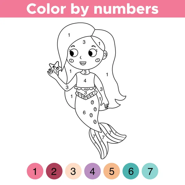 Coloring Numbers Cute Cartoon Mermaid Coloring Book Preschool Children Fairy — Stock Vector