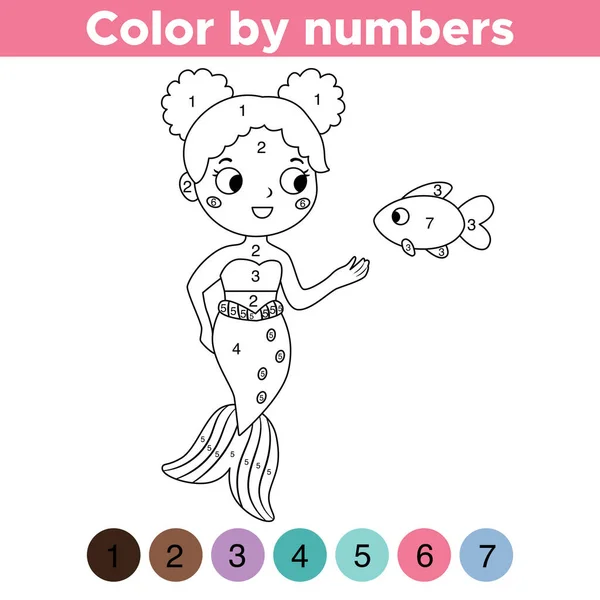 Coloring Numbers Cute Mermaid Fish Coloring Book Preschool Kids Fairy — Stock Vector
