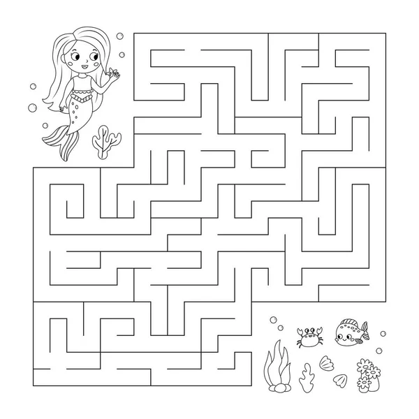 彩色页面与迷宫游戏 可爱的卡通美人鱼 螃蟹和鱼 童话故事带迷宫的工作表 彩色的书 矢量说明 — 图库矢量图片