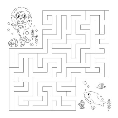 Labirentle boyama sayfası. Labirent oyunu. Denizkızına yunusa giden yolu bulması için yardım et. Peri masalı. Eğitici bulmaca. Sualtı teması. Boyama kitabı. Vektör illüstrasyonu.