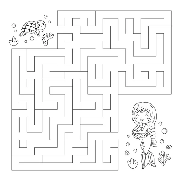带迷宫的彩色页面 迷宫的游戏 帮乌龟找到通往美人鱼的路童话故事儿童的教育难题 水下主题 彩色的书 矢量说明 — 图库矢量图片