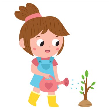 Şirin küçük bir kız bir ağacı suluyor. Dünya günü. Gezegeni kurtar. Beyaz arka planda sevimli bir çizgi film karakteri. Düz stil. Vektör illüstrasyonu.