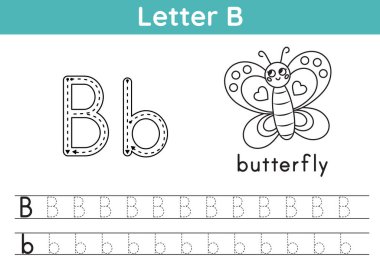 Alfabe ABC a-z egzersizi. Boyama sayfası. B harfini takip et. Boyama kitabı için kelime haznesi. Sevimli çizgi film kelebeği. Yazdırılabilir aktivite çalışma tablosu. Vektör illüstrasyonu