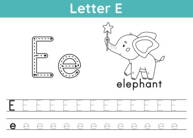 Alfabe ABC a-z egzersizi. Boyama sayfası. E harfinin izini sür. İngilizce kelime dağarcığı. Çocuklar için boyama kitabı. Şirin kawaii fili. Yazdırılabilir aktivite çalışma tablosu. Eğitici bir oyun. Vektör illüstrasyonu