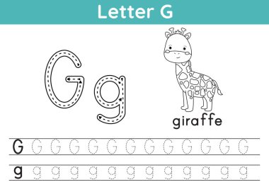 Alfabe ABC a-z egzersizi. Boyama sayfası. G harfini takip et. İngilizce kelime dağarcığı. Çocuklar için boyama kitabı. Şirin kawaii zürafası. Yazdırılabilir aktivite çalışma tablosu. Eğitici bir oyun. Vektör illüstrasyonu