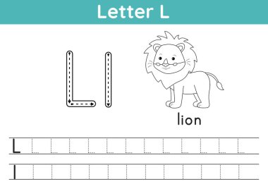 Alfabe ABC, a-z egzersizi. Boyama sayfası. Boyama kitabı için L harfinin izini sür. Şirin kawaii aslanı. Yazdırılabilir aktivite çalışma tablosu. Eğitici bir oyun. Vektör illüstrasyonu