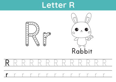 Alfabe ABC, a-z egzersizi. Boyama sayfası. Boyama kitabı için R harfinin izini sür. Havuçlu tatlı kawaii tavşanı. Yazdırılabilir aktivite çalışma tablosu. Eğitici bir oyun. Vektör illüstrasyonu