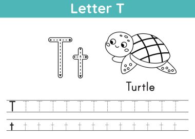 Alfabe ABC, a-z egzersizi. Boyama sayfası. Boyama kitabı için T harfinin izini sür. Şirin kawaii kaplumbağası. Yazdırılabilir aktivite çalışma tablosu. Çocuklar için eğitici bir oyun. Vektör illüstrasyonu