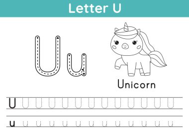 Alfabe ABC, a-z egzersizi. Boyama sayfası. U harfini takip et. Boyama kitabı için kelime haznesi. Şirin kawaii tek boynuzlu atı. Çocuklar için basılabilir aktivite çalışma tablosu. Eğitici bir oyun. Vektör illüstrasyonu