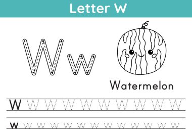 Alfabe ABC, a-z egzersizi. Boyama sayfası. Boyama kitabı için W harfinin izini sür. Şirin kawaii karpuzu. Çocuklar için basılabilir aktivite çalışma tablosu. Eğitici bir oyun. Vektör illüstrasyonu