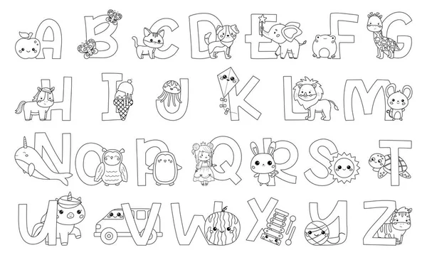Coloring Page English Alphabet Letters Cute Animals Birds Food Objects — Stock Vector