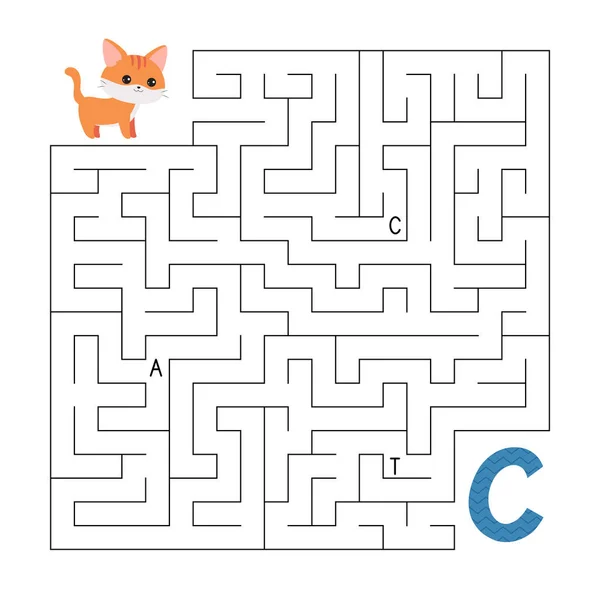 stock vector ABC maze game. Educational puzzle for preschool and school kids. Labyrinth with letters. Help cartoon cat find right way to the letter C. Activity worksheet. Vector illustration.