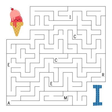 ABC labirent oyunu. Çocuklar için eğitici bulmaca. İçinde harfler olan bir labirent. Kawaii dondurmasının I harfini bulmasına yardım et. Faaliyet çalışma tablosu. İngilizce öğren. Alfabe oyunu Vektör illüstrasyonu.
