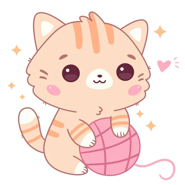 Gato Kawaii Con Bola Hilo Linda Mascota Dibujos Animados Gatito — Vector de stock