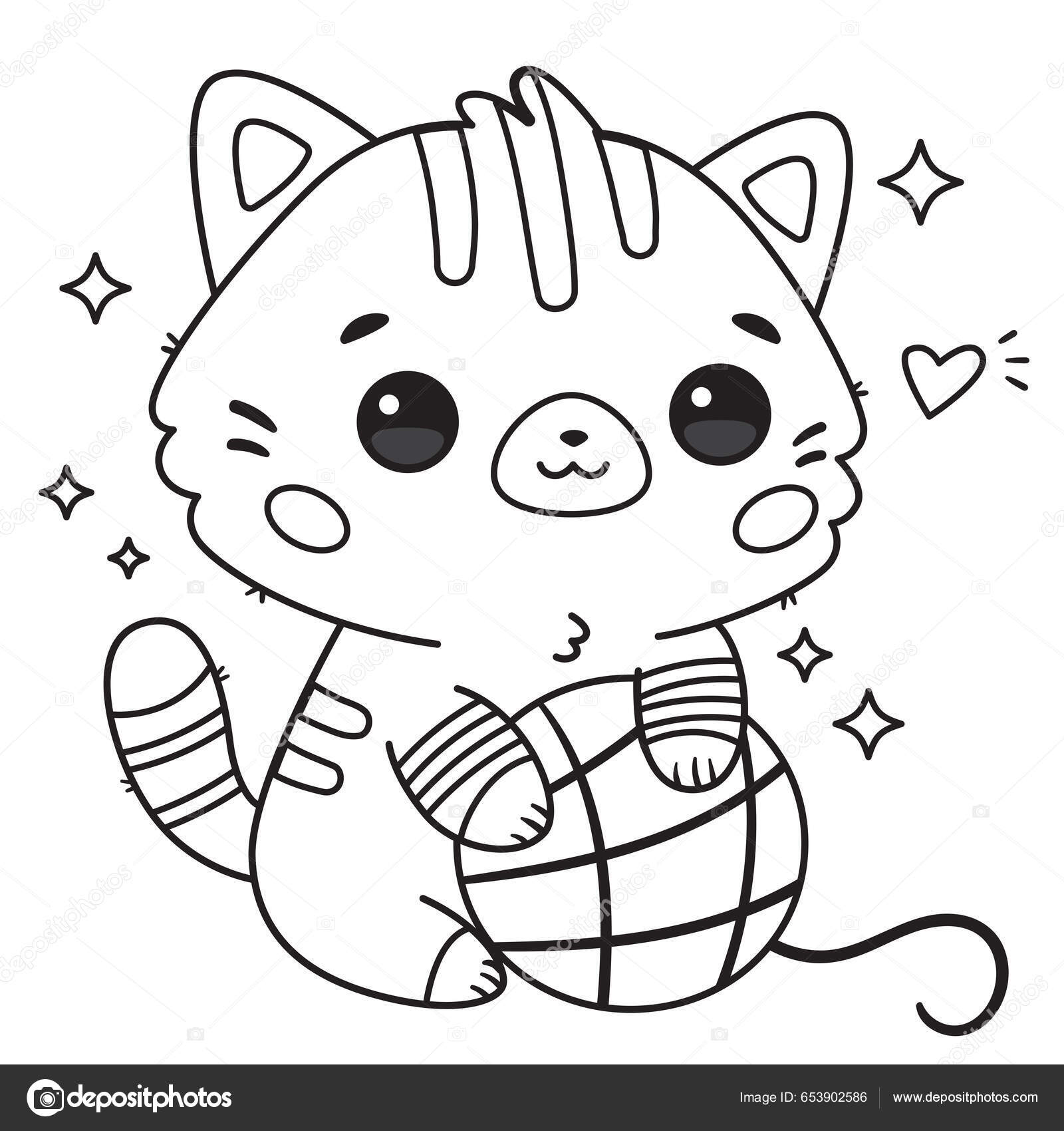 Desenho para colorir de gato Kawaii preto e branco · Creative Fabrica