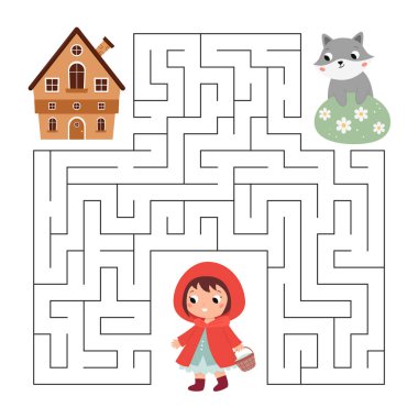 Çocuklar için labirent oyunu. Labirent. Kırmızı Başlıklı Kız 'ın büyükannesinin evine doğru yolu bulmasına yardım et. Tatlı çizgi film gri kurt. Çocuklar için klasik bir peri masalı. Vektör illüstrasyonu.