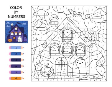 Renk numarasına göre. Şirin hayaletleri olan perili bir köşk. Cadılar Bayramı balkabağı. Çocuklar için eğitim oyunu. Boyama sayfası. Yazdırılabilir aktivite sayfası. Vektör illüstrasyonu.